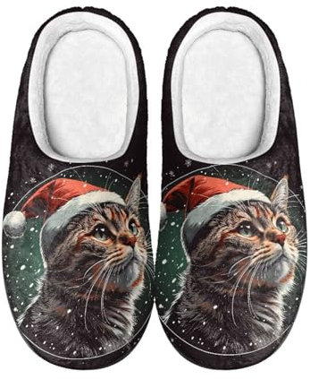 Kuiaobaty Pantuflas de casa para mujer con espuma viscoelástica, diseño musical, arcoíris, calaveras, para interiores y exteriores, Gorro de Papá Noel con diseño de gato, 39.5/40 EU