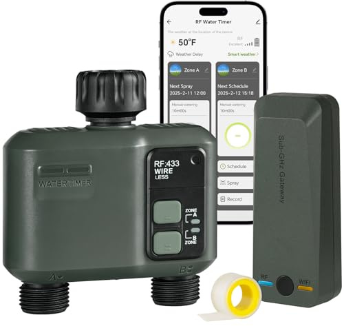 WILAWELS Ordenador de Riego WiFi con 2 Válvulas, Temporizador de Manguera, Programador de Aspersores, Riego Inteligente, Modo Automático y Manual, para Jardín, Césped, Terraza, Verde Oscuro ZD32WTD06