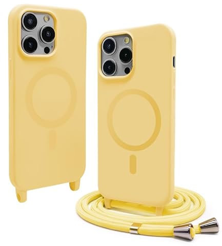 CUZZCASE Funda Magnética Compatible con iPhone 14 Pro MAX(6.7),(Compatible con MagSafe Carga Inalámbrica), Ajustable Collar Correa Silicona Carcasa-Amarillo