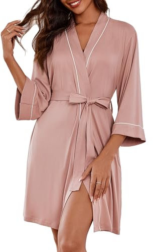 Ekouaer Peignoir de Bain Femme Ultra Doux Léger Robe de Chambre Femme Ete Grande Taille Courte Manches 3/4 Kimono, Rose, L