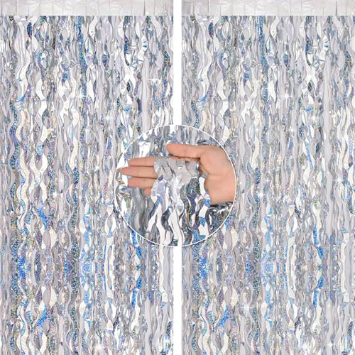 G2PLUS Silber Lametta Vorhang Welle: Metallic Glitzer Vorhang, Ideal Dekoration für Weihnachten, Hochzeit, Geburtstag Party, Perfekt als Foto Hintergrund, 2er Set