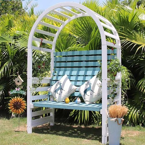 Banc de jardin en bois avec pergola en bois naturel 3 places pour vigne et plantes grimpantes, décoration de jardin en bleu
