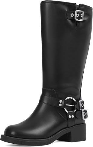 AMINUGAL Black Wide Calf Knee High Boots for Women Square Toe Pull On Chunky Buckle Moto Boots Rivet Vintage Y2K Motorcycle Horse Riding Biker Casual Fashion Festival Renaissance Combat Rave Size 8.5