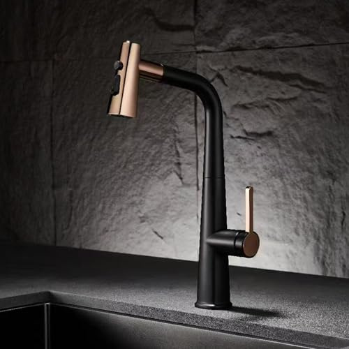 BiaoTeng Robinet Cuisine Escamotable Rotatif à 360° 3 Modes eau Chaude et Froide Mitigeur de Cuisine avec Douchette Extractible Laiton Black + Gold Rose