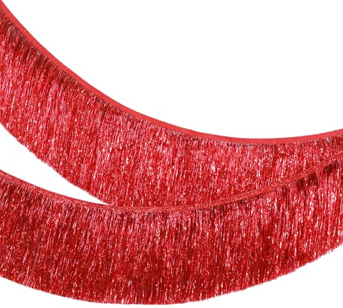 HOMAVEL Lametta Fransen Girlande Rot 20x200cm Glitzer Vorhang Deko kurz | 1 Fransen-Girlande, 20x200cm, Rot, 20cm kurze Fransen, 2m Länge, selbstklebender Streifen, kurz, für Tischkante und Partydeko
