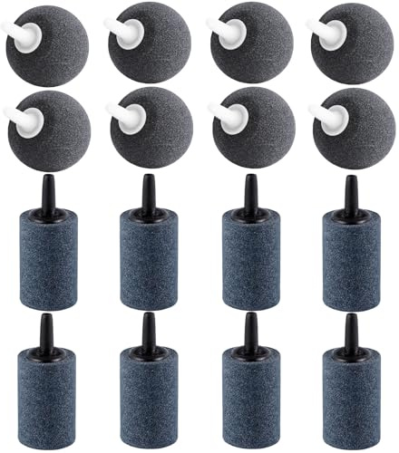 16 Pcs Air Stones for Fish Tanks, 8 Pcs 1.5cm Cylinder and 8 Pcs 2.2cm Spherical Air Stone, Pond Air Stones Air Pumps Bubble Diffuser for Aquarium Nano Fish Tanks Small Buckets