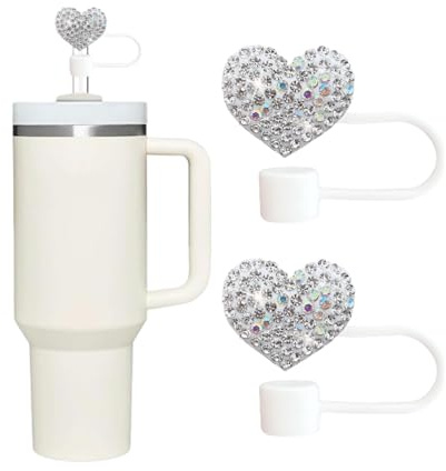 2Pcs Bling Hearts Straw Covers Cap for Stanley Cup, Bling Diamond Rhinestone, 10mm Silicone Toppers, Straw Topper Compatible for Stanley 30&40 Oz Tumbler with Handle, Reusable Straws (Silver)