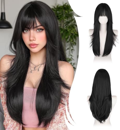 RUWISS Lange Gerade Perücken Schwarz mit Pony, 65 cm Perücken Damen Geschichtete Synthetische Haar Perücken Frauen für Tägliche Party Cosplay