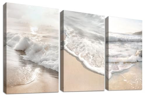Set of 3 Meereswellen Leinwand Bilder Mit Rahmen Strand Sonnenaufgang Meereslandschaft Bild auf Leinwand Malerei Sand Küstenlandschaft Wandbilder Wohnzimmer Schlafzimmer Wanddeko 30x40cm x 3pcs