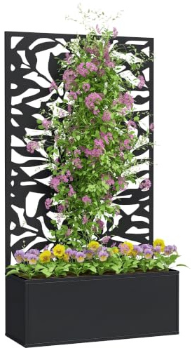 Outsunny Metal Garden Bed with Trellis, Solid Leaves Cut-out