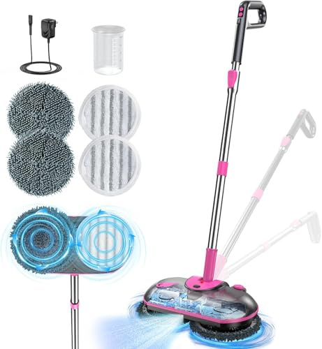 ScrubWiz Cordless Electric Spin Mop with Water Sprayer, 300ml Tank Self-Propelled Floor Cleaner for Hardwood & Tile, Quiet Cleaning, Adjustable Handle, 2500mAh Long-Lasting Battery, Pink