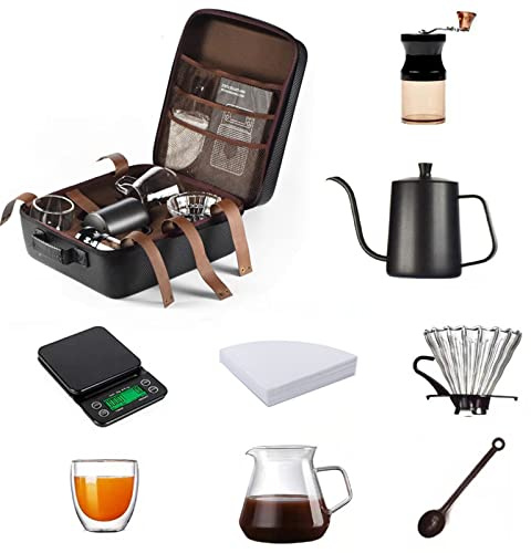 Hand Coffee Gift Set, Portable Coffee Kit Maker, Grinder, Dripper, Kettle, Glass Server, Mug, Timer Scale, Travel Bag
