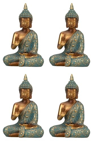Geschenkestadl 4 Stück Buddha Figuren 14cm türkis Gold Mudra Schutz Segen Dekoration Dekofiguren Deko
