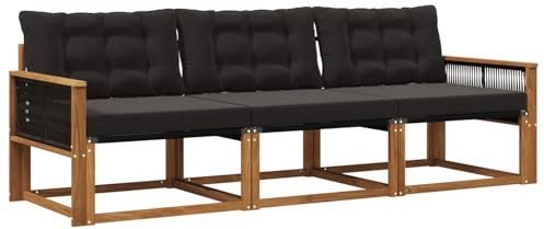 vidaXL Outdoor-Sofagarnitur mit Kissen 3 pcs Natürlich und Schwarz, Outdoor Sofa, Gartenmöbel, modernes Ecksofa, Terrasse Lounge, komfortable Sitzgelegenheit