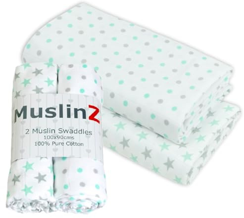 MuslinZ Extra Large Muslin Squares, Soft, Breathable and Absorbent, Newborn Receiving Blanket, Swaddle Blanket 100x90cms 100% Cotton (2 Pack) (Mint/Grey)