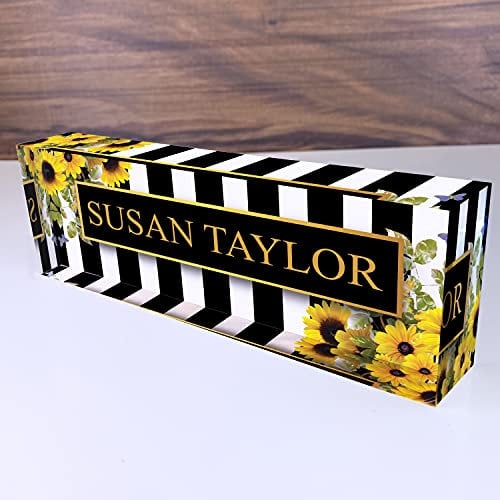 Desk Name Plate Personalized Name & Title, Sunflowers Design Printed on Premium Clear Acrylic Glass Block Custom Office Decor Home Accessories Desk Nameplate Unique Customized Appreciation Gifts