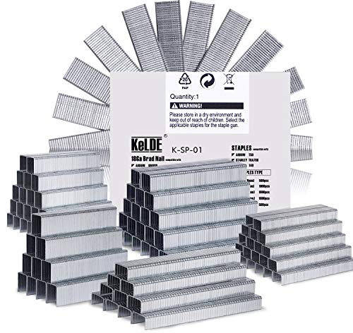 KeLDE 5000-Pack Heavy Duty T50 Staples and Brad Nails Kit, Include 1/4, 5/16, 3/8, 1/2, 9/16 Inch(6, 8, 10, 12, 14 mm) and 5/8 Inch(15mm) Brad Nail, for Arrow T50 / Stanley TRA700 / Rapid 140
