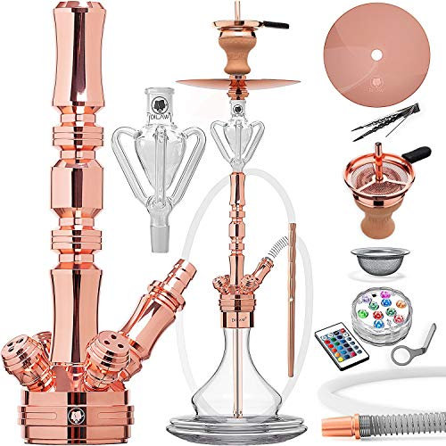 DILAW® TRIPHAN Shisha Edelstahl Rosé Gold V2A 96cm Hookah Big Size LED Licht | Wasserpfeife Kaminkopf Komplettset Molassefänger Base Closed Chamber 4 Anschlüssen Silikonschlauch Alumundstück Tabakkopf