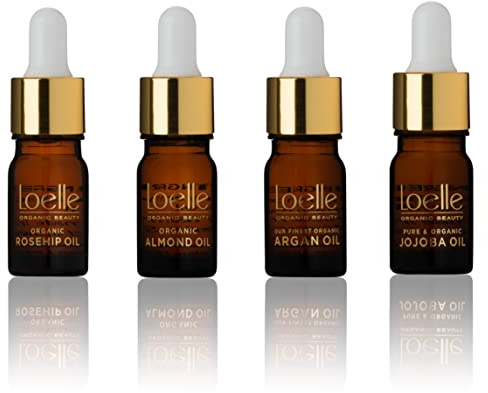 Loelle - Coffret de 4 Huiles Corporelles - Ensemble de Cosmétiques Naturels avec Huile d'Amande, Huile de Rose Musquée, Huile d'Argan et de Jojoba - Cadeaux pour le Corps des Femmes (4 x 5ml) Or