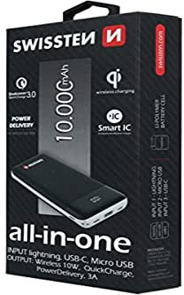 Swissten All in One Power Bank - Lightning - USB C - Micro USB - Wireless Charging - Qualcomm - 10.000 mAh