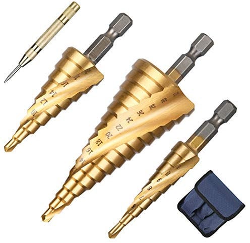 Flintronic HSS Stufenbohrer, 4PC Spiralnut Stufenbohrer Set, Schälbohrersatz, Exact Spiralnut Kegelbohrer, 4 mm bis 12/20/32mm Titanbeschichtet Metallbohrer Bohrer Satz für Metall, Holz, Kunststoff