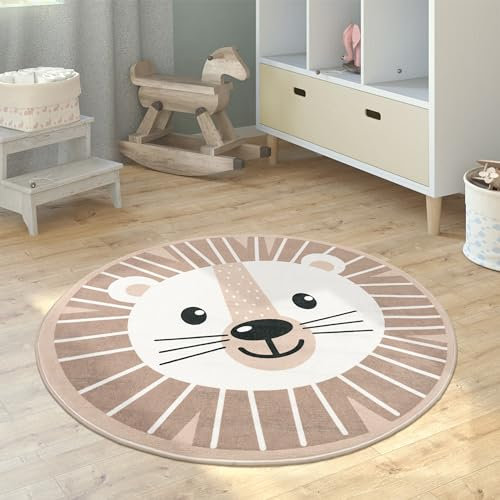 Paco Home Kinderteppich Teppich Kinderzimmer Rund Spielmatte Babymatte rutschfest Modern Mond Koala Löwenkopf, Grösse:120 cm Rund, Farbe:Beige