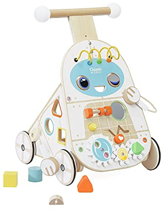 Classic World Baby-Roboter, Holz, Aktivitätslauflernhilfe für Jungen und Mädchen, Spielzeug zum Nachschieben mit buntem Spielcenter für Jungen und Mädchen, pädagogischer Lauflernwagen aus Holz, mehrfarbig
