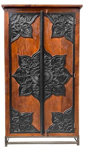 Indischer Schrank Jaspal aus Mangoholz mit aufwendiger Verzierung Rustikal Oriental Schlafzimmer Braun Schwarz 190cm
