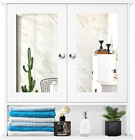 LIFEZEAL Armoire Murale de Salle de Bain avec 2 Portes Miroir, Meuble Suspendu de Rangement avec 3 Étagères, Placard Mural Salle de Bain, Étagère à Hauteur Réglable，56 x 13 x 58 CM (Blanc)