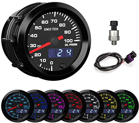 SINCO TECH Oil Pressure Gauge 52mm Car Meter Digital Display Pointer 7 Colors LED Oil Press Gauge Kit 12V Universal