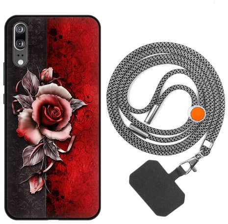 vingarshern Coque Compatible avec Huawei P20 Antichoc Silicone Bumper Case Étui de Protection Housse Coque avec Motif,Souple Coque avec Cordon Detachable,Rose Rouge