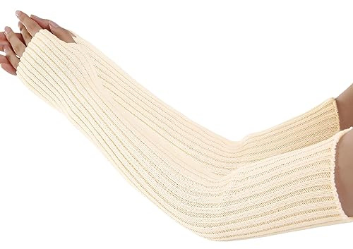 Suxgumoe Women Arm Warmers, Knitted Long Sleeve Fingerless Gloves Mittens Winter Wrist Warmers with Thumb Hole for Ladies Girls (B Beige)