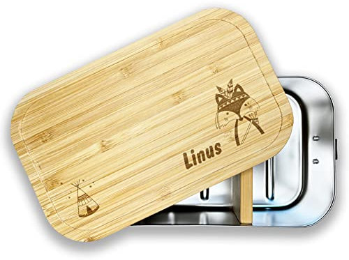 Brotdose mit Name personalisiert 1100 ml | Fuchs | Edelstahl mit Bambus | Geschenkidee für Kinder Schulanfang Geburtstag Ostern Weihnachten | Lunchbox mit Gravur optional Trennwand | (Mittlere Größe)