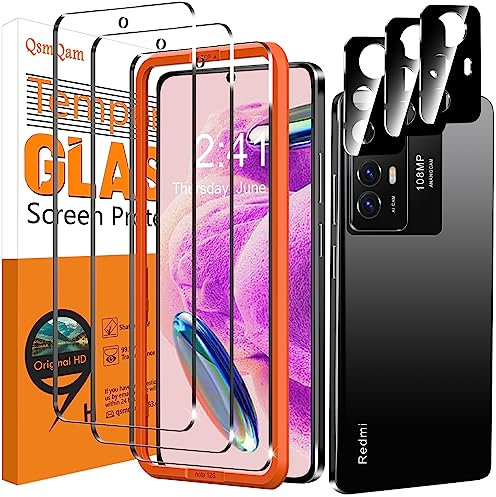 QsmQam 3 Piezas Protector de Pantalla para Xiaomi Redmi Note 12S con 3 Piezas Protector de Lente de Cámara, Ultra HD Cristal Templado, Dureza 9H, Anti Arañazos, Sin Burbujas