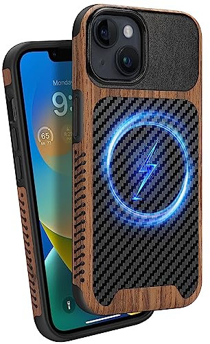 ZZDZZ Magnetisch Hülle für iPhone 14 Hülle [Kompatibel mit MagSafe] Holz und Carbon Leder Design Handyhülle Stoßfest Schutzhülle (Schwarz)