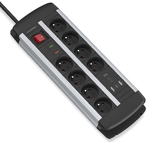 Bloc Multiprise 8 Prises avec Interrupteur, Parafoudre, Chargeur Rapide USB C et A 20W, Protection Contre Les Surtensions et Les Surcharges, Rallonge Electrique de 1,5m, Multiprise Bureau, Murale