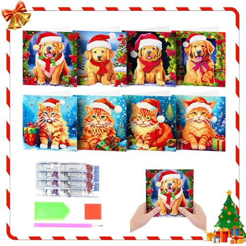 Starnearby 8 Stücke Weihnachten Diamond Painting Set Weihnachten Karten DIY Diamant Painting Malerei Geschenkkarte Handgefertigte Grußkarten Weihnachtskarte Strass Handwerk Grußkarte(Katzen und Hunde)