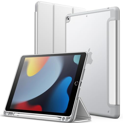 JETech Custodia Opaca per iPad 9/8/7 (10,2 Pollici, Modello 2021/2020/2019, 9a/8a/7a Generazione) con Portapenne, Posteriore Glassata Traslucida Supporto Cover Sottile Tablet (Argento)