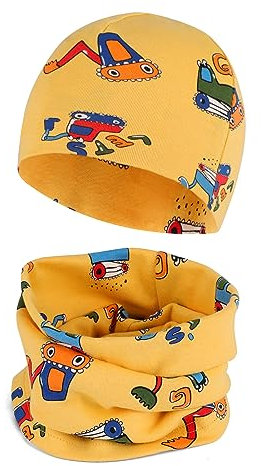 Cheerful Mario Baumwolle Mütze Loop Schal Sets Baby Jungen Mädchen Weich Beanie Winddicht Schlauchschal Kinder Gelb 3-7 Jahre