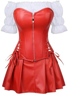 Korsett Kunstleder Corsage Kleid Rock Hemd Setleder Reißverschluss Damen Burlesque Steampunk Rot 4XL