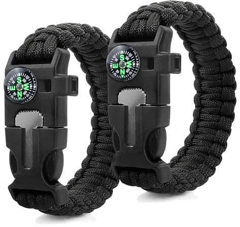 ZSMJAER 2 Stück Set Survival Armband,Multifunktion Paracord Armband Überlebensarmband,Pfeife,Feuerstein,Kompass,zum Outdoor-Aktivitäten (Schwarz)