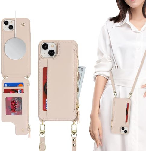 SailorTech for iPhone 14 Case with Credit Card Holder magsafe, iPhone 14 Phone Leather Case Wallet for Men Crossbody with mag safe Zipper Shockproof Case for Women - Beige