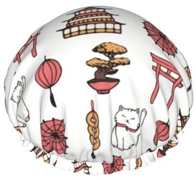 Bonnet de douche réutilisable pour femmes, japonais, chat, Temple, bonsaï, double bande élastique étanche, chapeau de bain, ourlet extensible