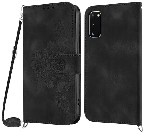 Netany Coque pour Samsung Galaxy S20 avec Cordon, Etui pour Samsung S20 avec Cordon Collier, Etui Portefeuille Protection Housse en Cuir PU avec [Bandoulière Réglable] Lanyard Case Cover (Noir)
