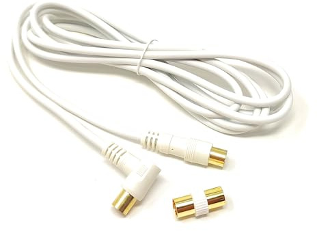 3m TV Aerial Coaxial Cable Male to Male, Satellite RF Antenna Coax RG59 Lead Gold Plated Connectors with Female Coupler (Right Angled, White)