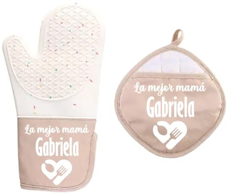 Set de Guantes de Horno Personalizados, Guantes de Horno Individuales con tu Texto, Regalo para cumpleaños, día de la Madre y de la Abuela, Guantes de Horno de Cocina, Guante de Silicona (Beige)
