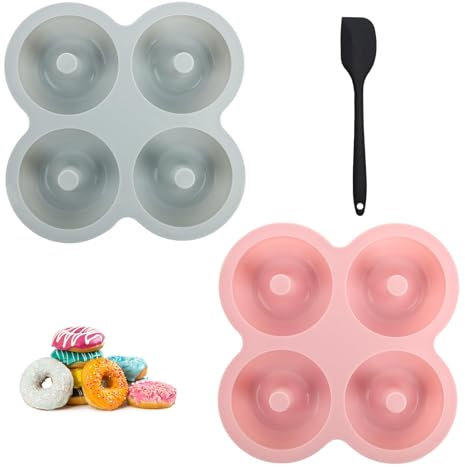 Moldes para Dónut de Silicona 2 Piezas Moldes Silicona Reposteria de 4 Cavidades, Moldes de Silicona sin BPA para Pasteles, Galletas, Bagels, Muffins, Magdalenas, y 1 Espátula