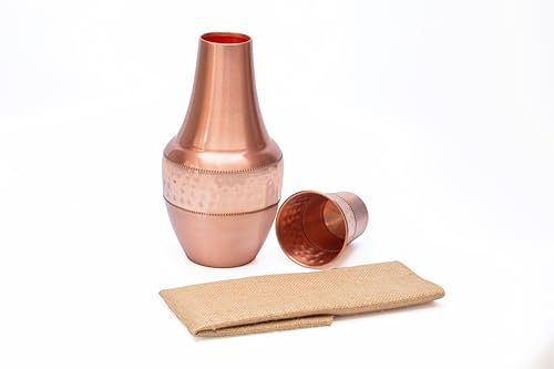 Kitchen Science Carafe de chevet en cuivre pur avec gobelet et set de table en jute fait main 1,4 l