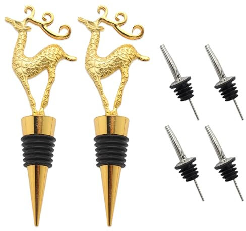 Wine Bottle Stoppers 2 Pcs,Personalized Christmas Deer Shape Wine Stopper,Champagne Stoppers with 4 Pcs Speed Pourers,Reusable Bottle Saver Sealer Wine Corks for Prosecco,Wine Champagne,Wine Gift