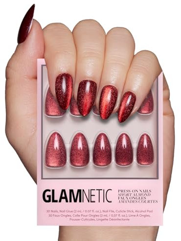 Glamnetic Press On Nails - Ruby Slipper | Deep Red Sparkly Short Almond Fake Nails with a Velvet Finish, Reusable | 15 Sizes - 30 Nail Kit with Glue